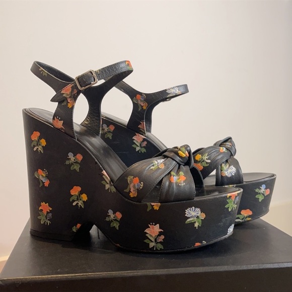 SAINT LAURENT Floral Leather Wedges Black - Picture 2 of 5